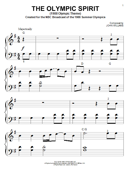 John Williams The Olympic Spirit (1988 Olympic Theme) Sheet Music Notes & Chords for Piano (Big Notes) - Download or Print PDF