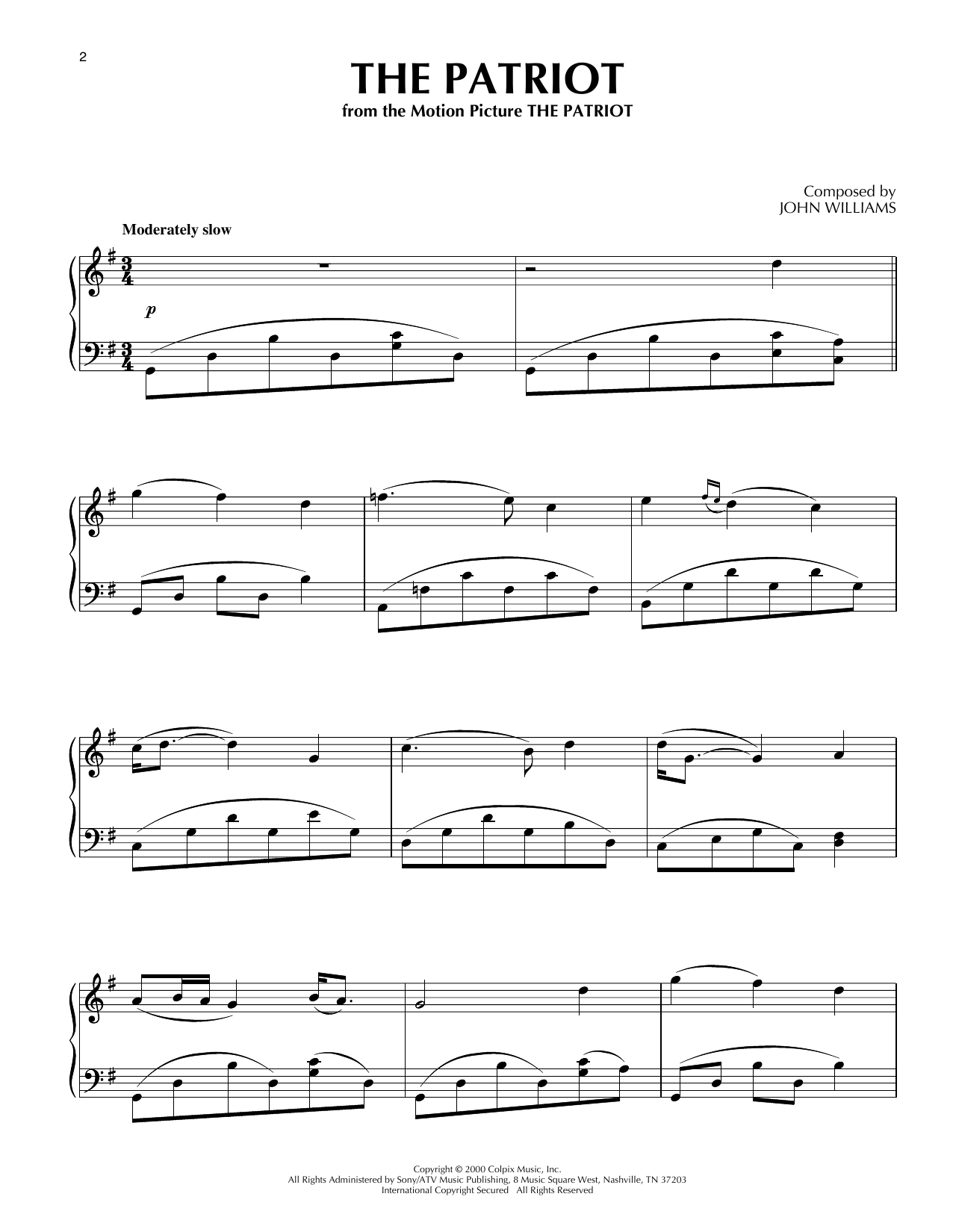 John Williams The Patriot Sheet Music Notes & Chords for Piano Solo - Download or Print PDF