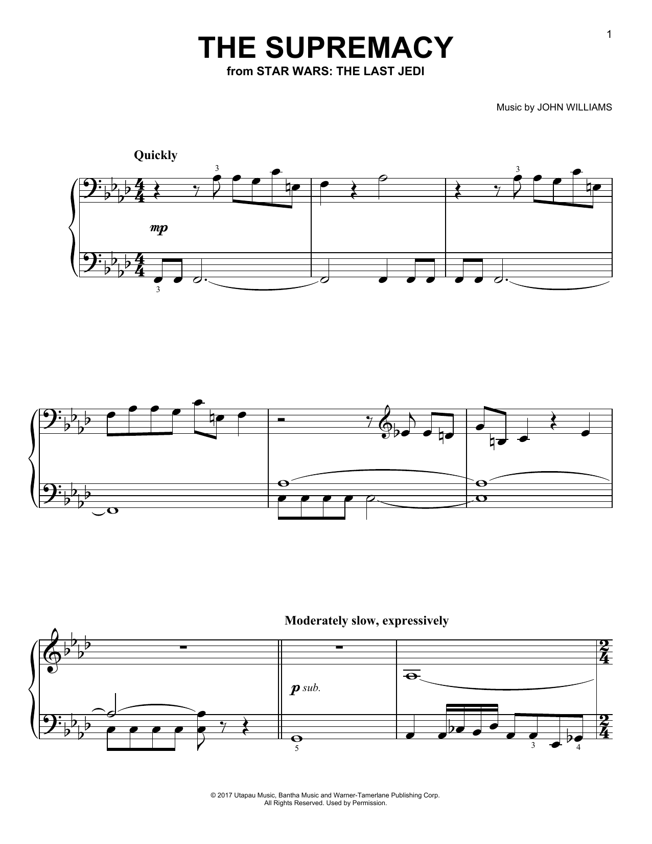 John Williams The Supremacy Sheet Music Notes & Chords for Easy Piano - Download or Print PDF