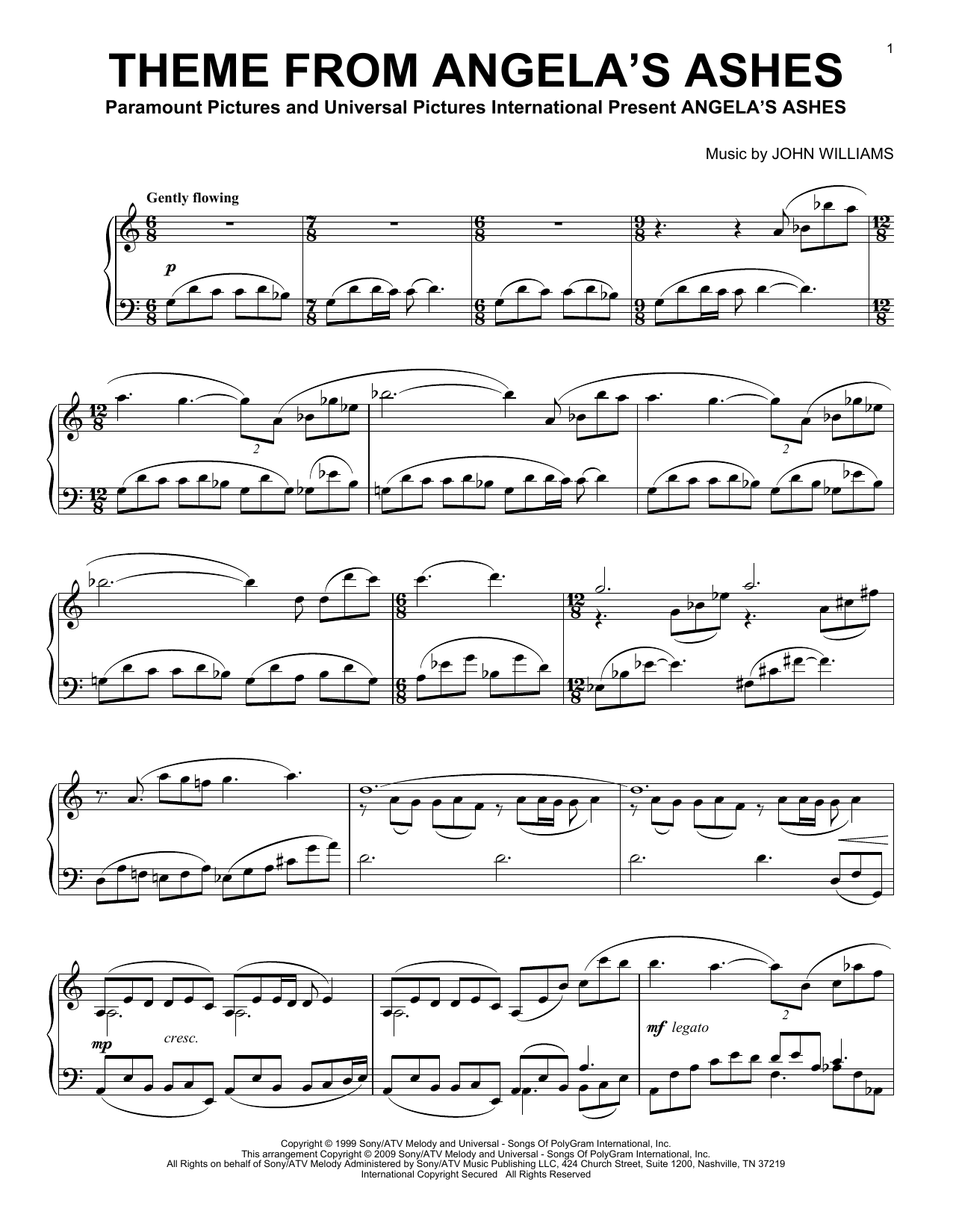 John Williams Theme From Angela's Ashes Sheet Music Notes & Chords for Piano - Download or Print PDF