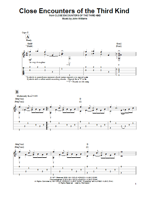 John Williams Theme From Close Encounters Of The Third Kind (arr. Ben Woolman) Sheet Music Notes & Chords for Guitar Tab - Download or Print PDF John Williams Theme From Close Encounters Of The Third Kind (arr. Ben Woolman) Sheet Music Notes & Chords for Guitar Tab - Download or Print PDF