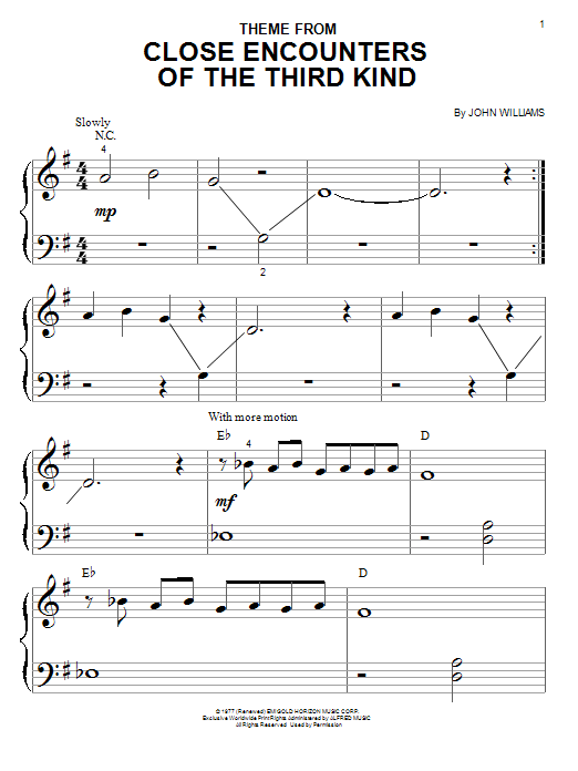 John Williams Theme From Close Encounters Of The Third Kind Sheet Music Notes & Chords for Piano - Download or Print PDF