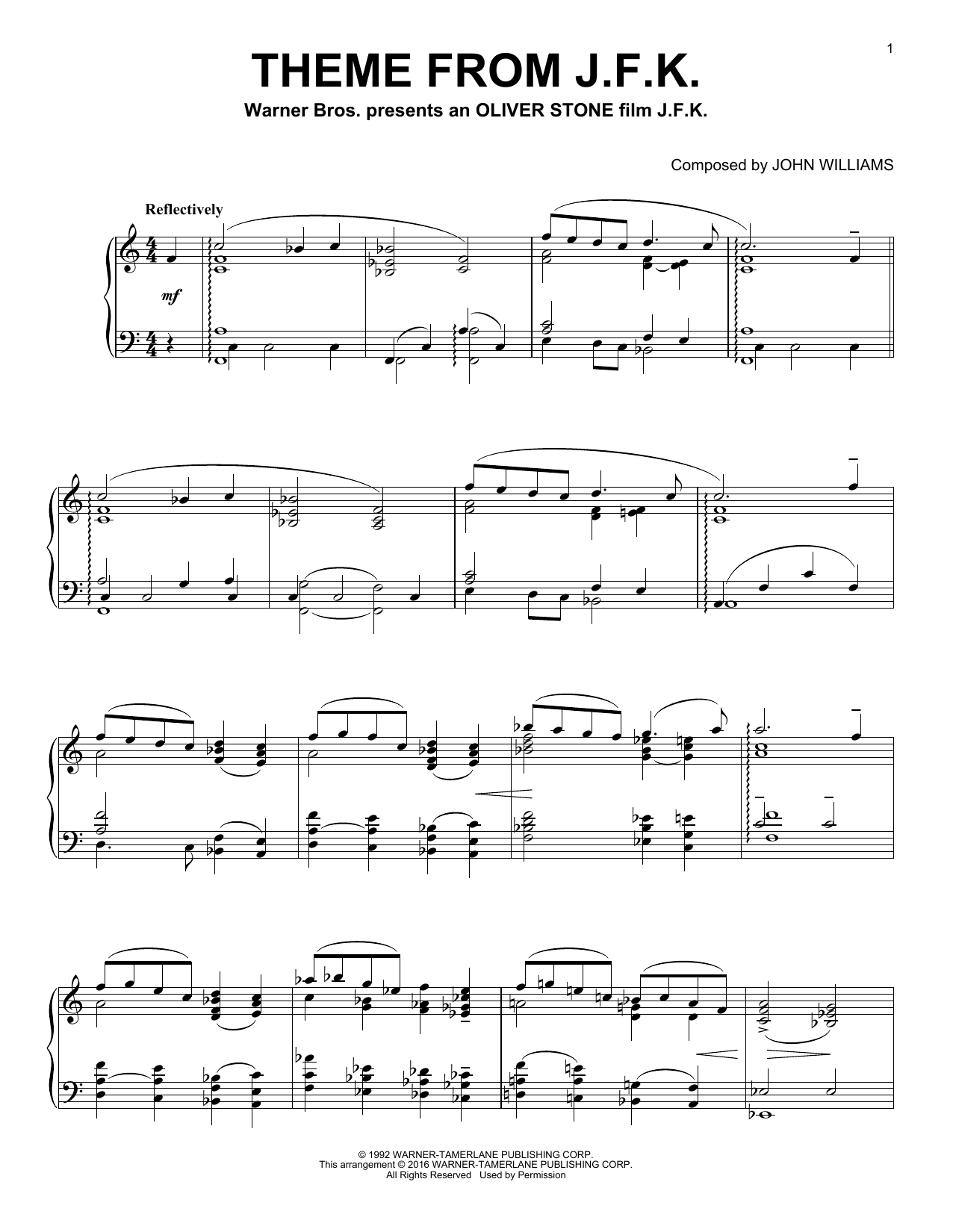 John Williams Theme From J.F.K. Sheet Music Notes & Chords for Easy Piano - Download or Print PDF