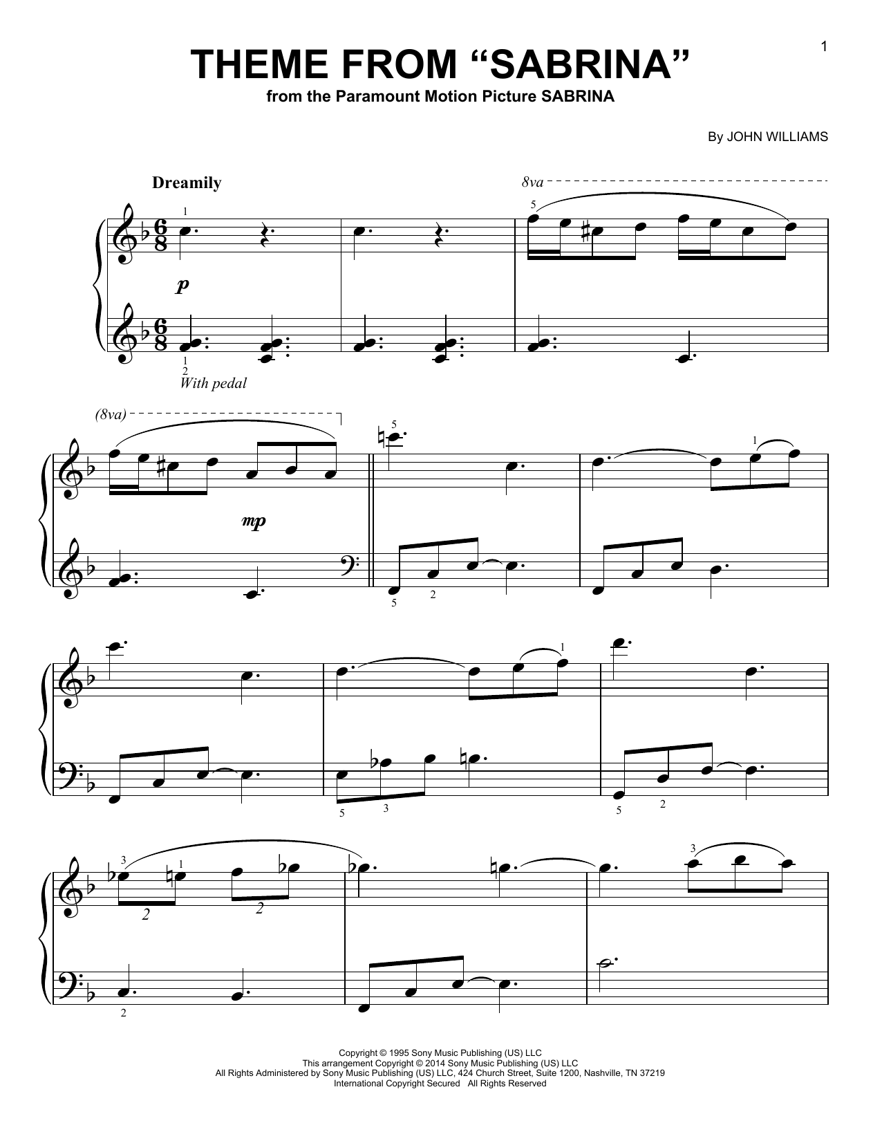 John Williams Theme from Sabrina Sheet Music Notes & Chords for Easy Piano Solo - Download or Print PDF