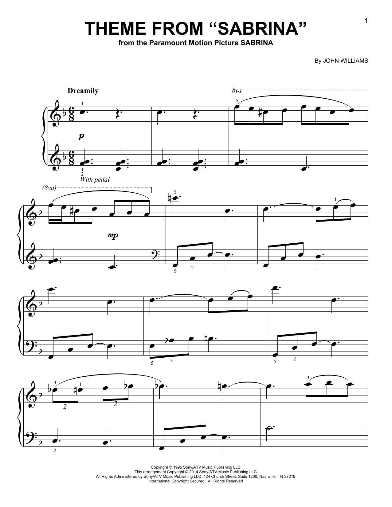 John Williams Theme from Sabrina Sheet Music Notes & Chords for Easy Piano Solo - Download or Print PDF