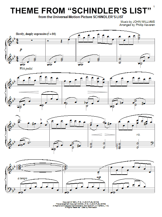 John Williams Theme from Schindler's List Sheet Music Notes & Chords for Piano - Download or Print PDF