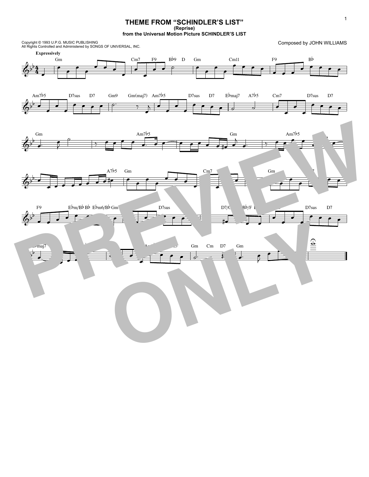 John Williams Theme From Schindler's List (Reprise) Sheet Music Notes & Chords for Melody Line, Lyrics & Chords - Download or Print PDF