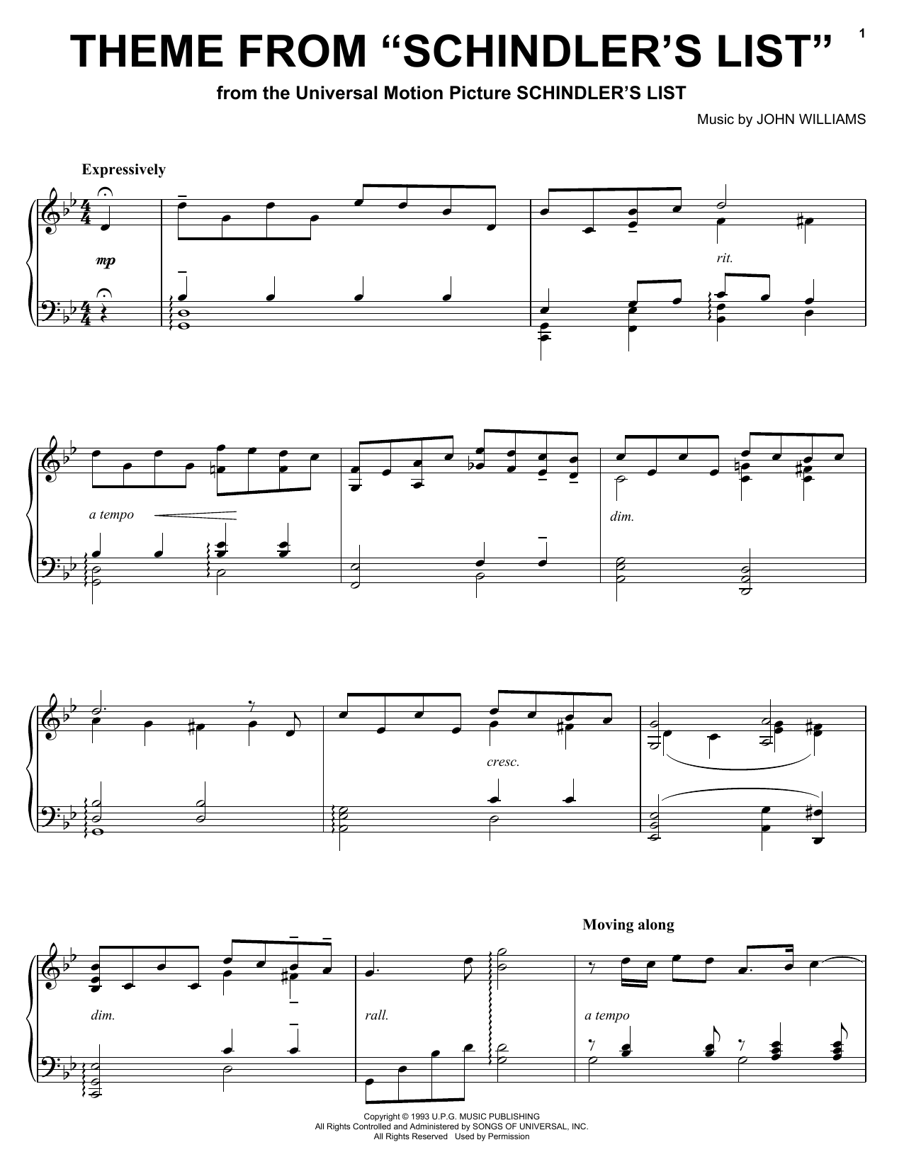John Williams Theme From Schindler's List Sheet Music Notes & Chords for Clarinet - Download or Print PDF
