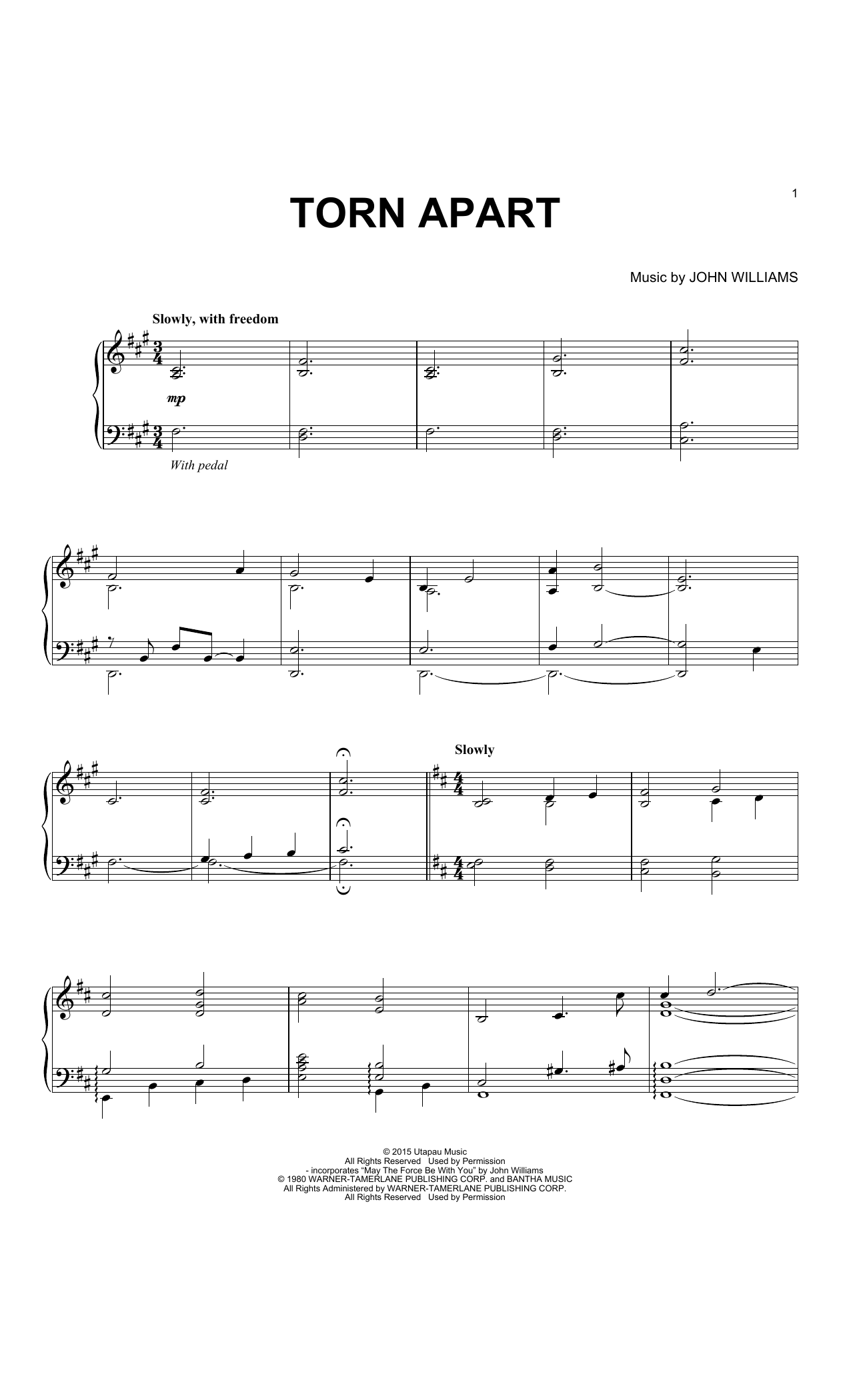 John Williams Torn Apart Sheet Music Notes & Chords for Easy Piano - Download or Print PDF