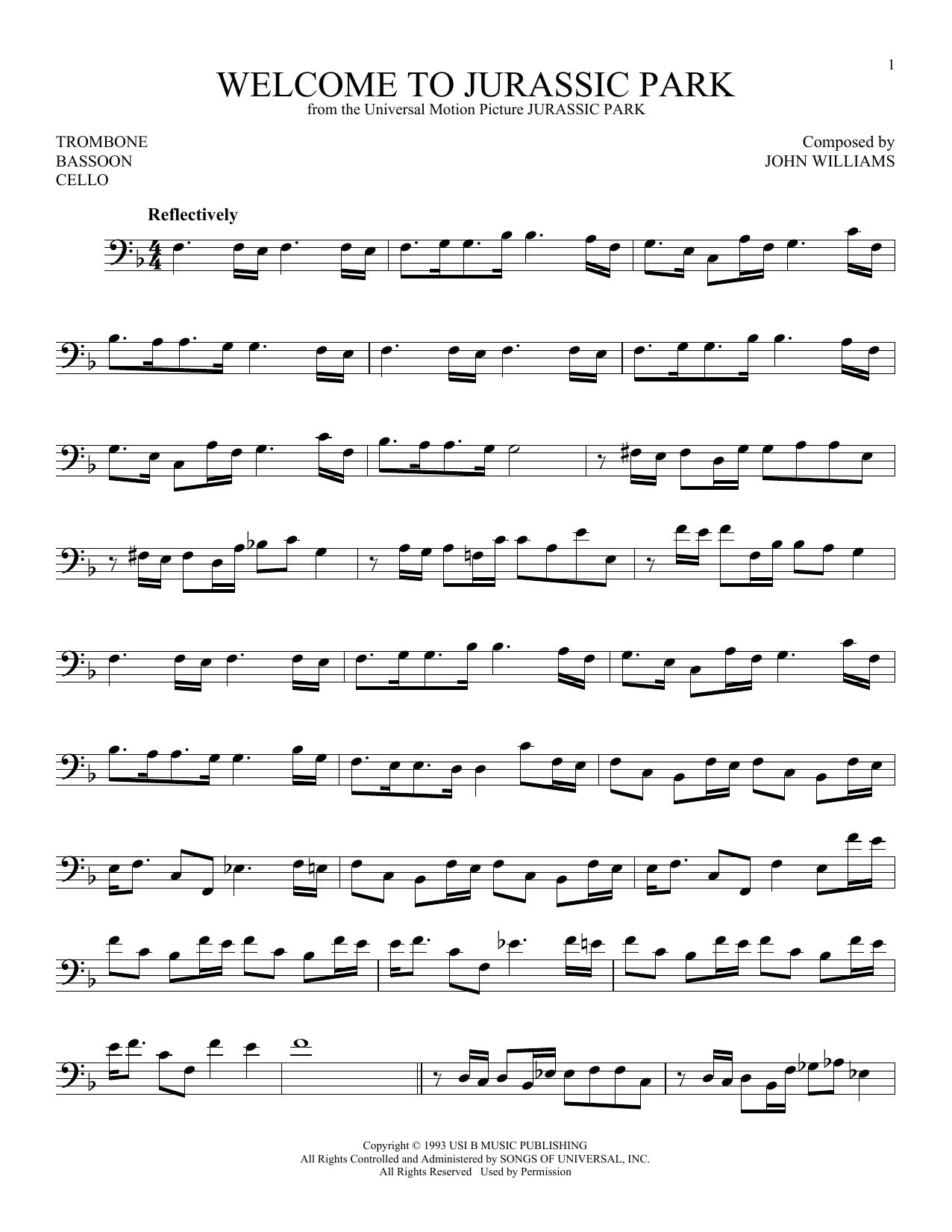 John Williams Welcome To Jurassic Park (from Jurassic Park) Sheet Music Notes & Chords for Instrumental Solo – Bass Clef - Download or Print PDF