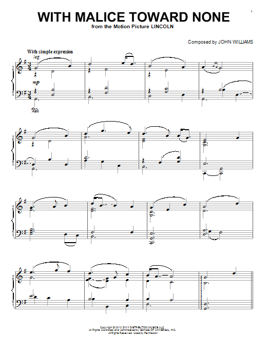 John Williams With Malice Toward None Sheet Music Notes & Chords for Piano - Download or Print PDF