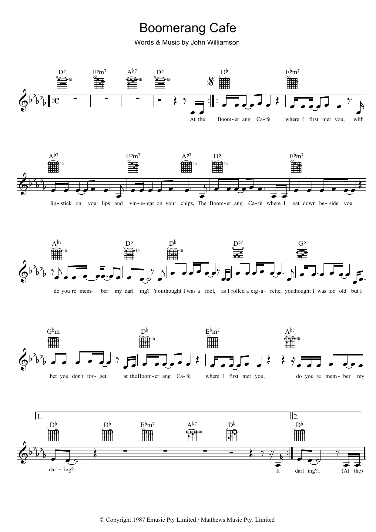 John Williamson Boomerang Cafe Sheet Music Notes & Chords for Melody Line, Lyrics & Chords - Download or Print PDF