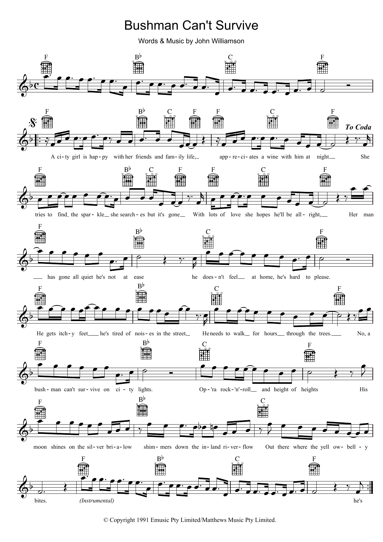John Williamson Bushman Can't Survive Sheet Music Notes & Chords for Melody Line, Lyrics & Chords - Download or Print PDF