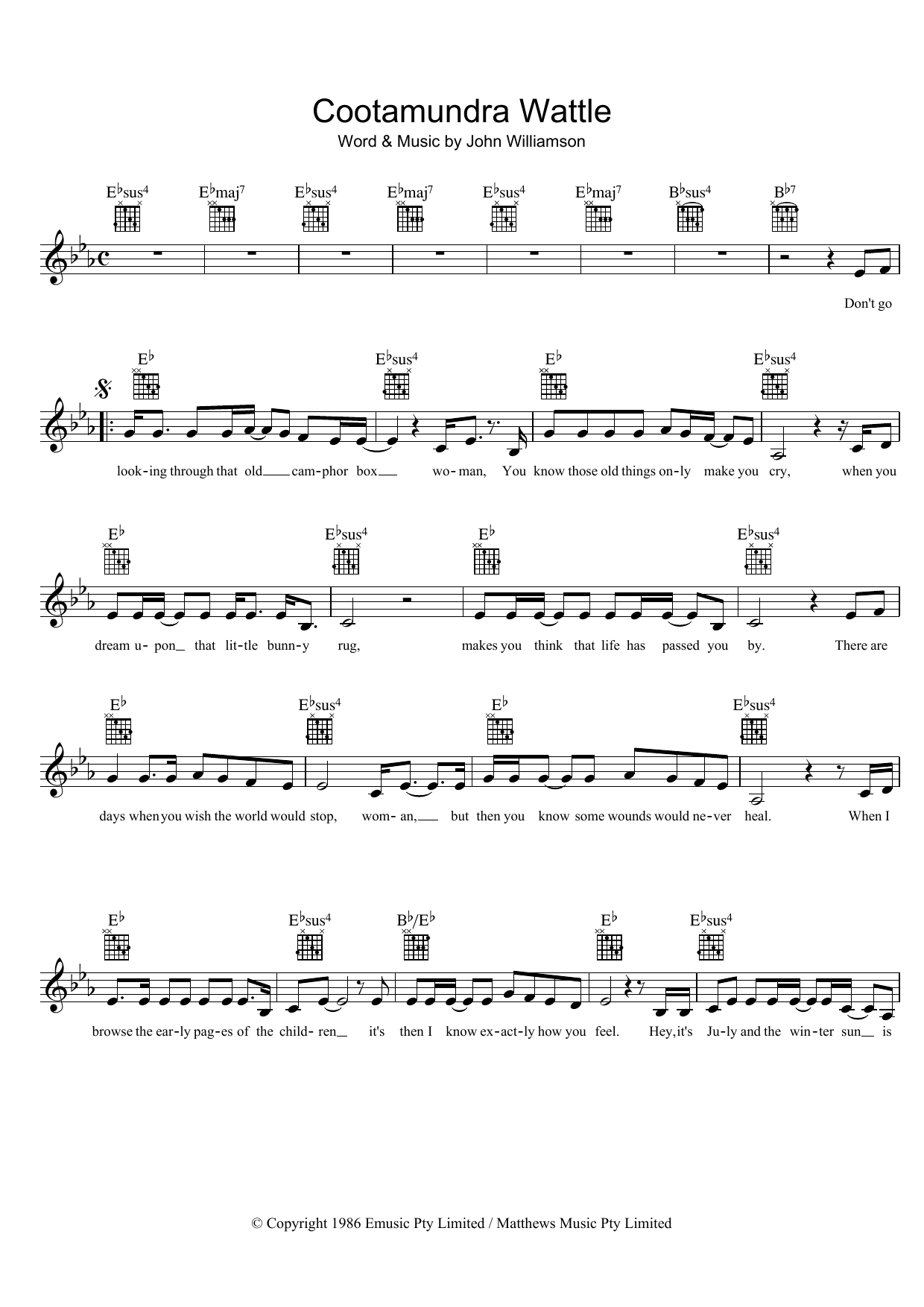 John Williamson Cootamundra Wattle Sheet Music Notes & Chords for Melody Line, Lyrics & Chords - Download or Print PDF