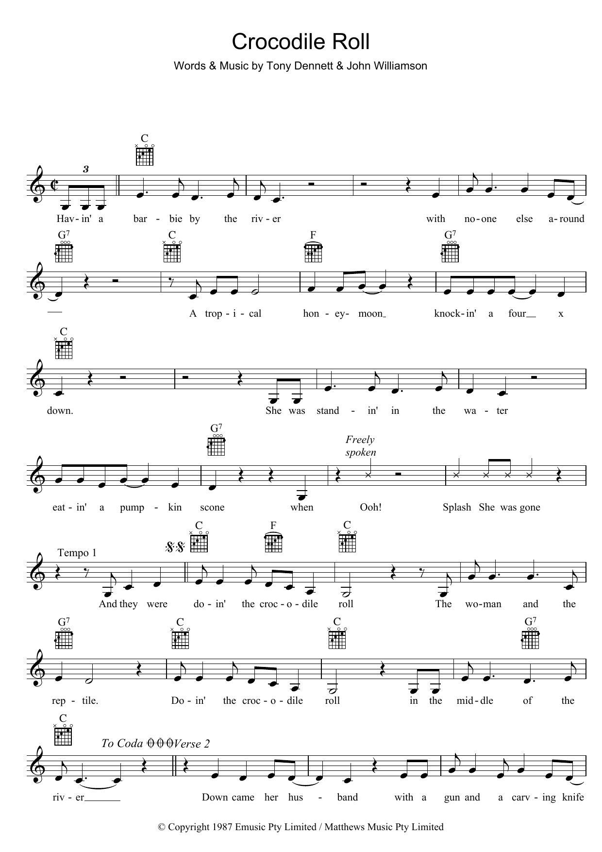 John Williamson Crocodile Roll Sheet Music Notes & Chords for Melody Line, Lyrics & Chords - Download or Print PDF