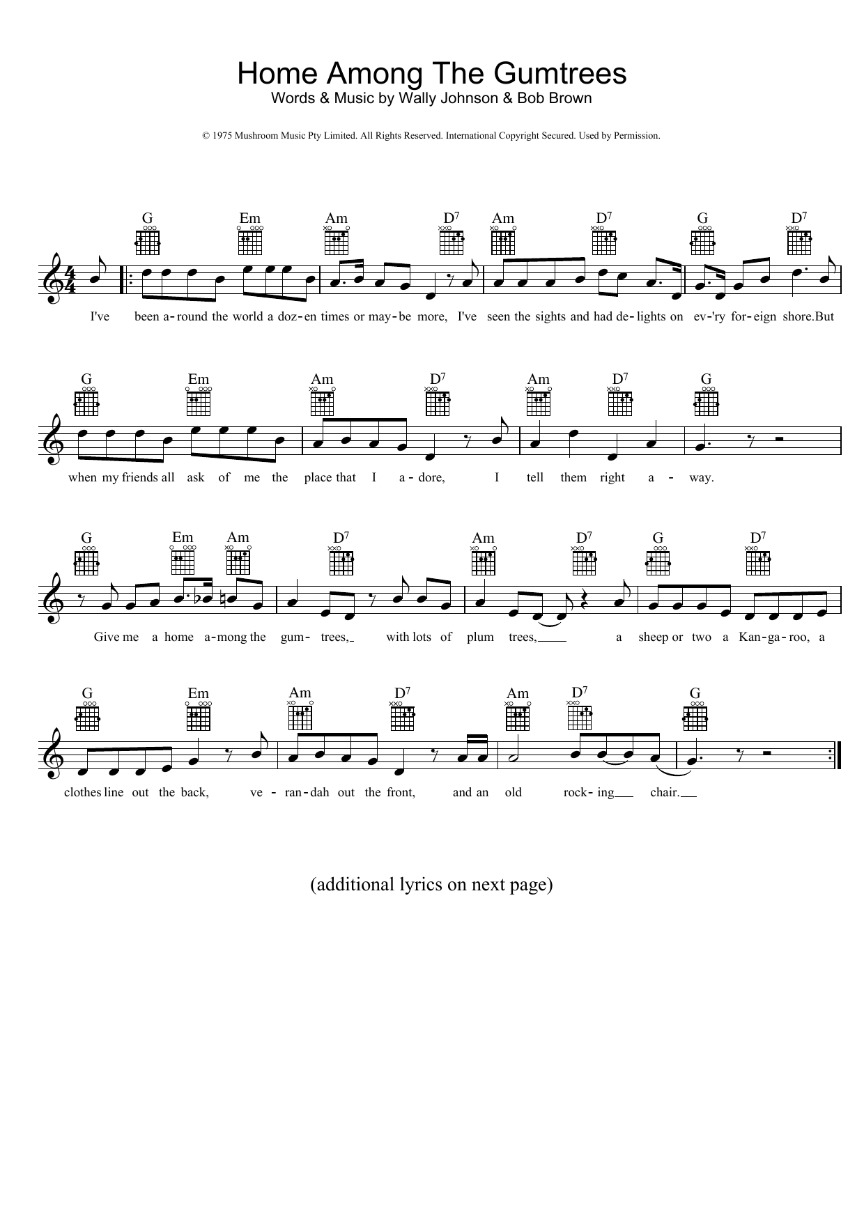 John Williamson Home Among The Gumtrees Sheet Music Notes & Chords for Melody Line, Lyrics & Chords - Download or Print PDF