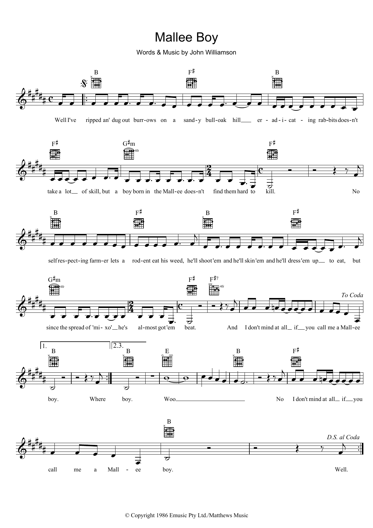 John Williamson Mallee Boy Sheet Music Notes & Chords for Melody Line, Lyrics & Chords - Download or Print PDF