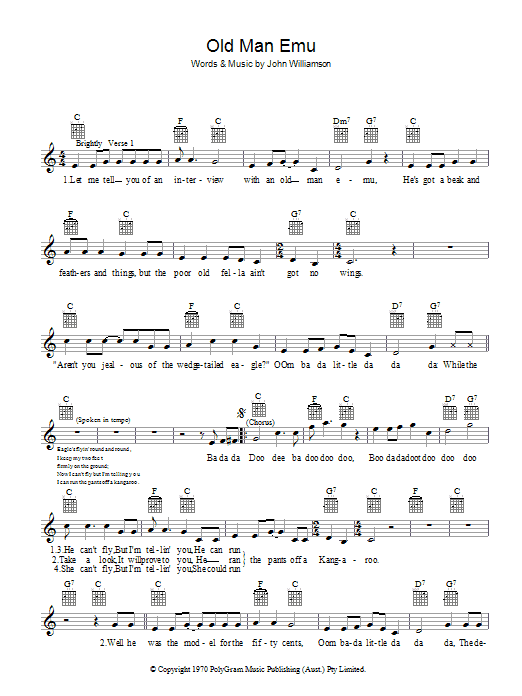 John Williamson Old Man Emu Sheet Music Notes & Chords for Melody Line, Lyrics & Chords - Download or Print PDF