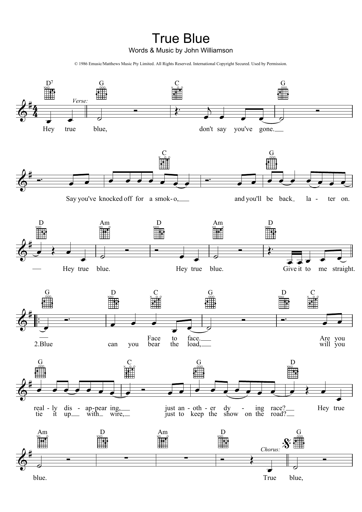 John Williamson True Blue Sheet Music Notes & Chords for Melody Line, Lyrics & Chords - Download or Print PDF