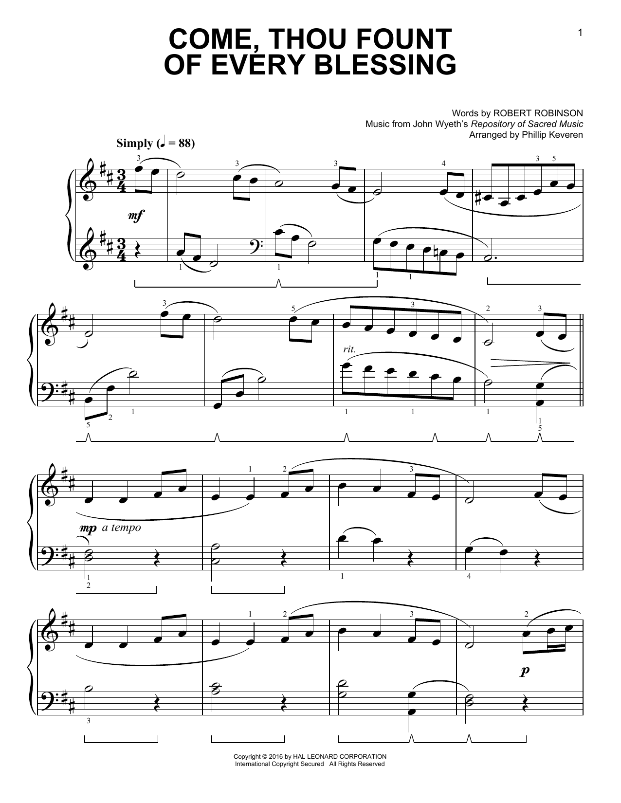 John Wyeth Come, Thou Fount Of Every Blessing [Classical version] (arr. Phillip Keveren) Sheet Music Notes & Chords for Easy Piano - Download or Print PDF