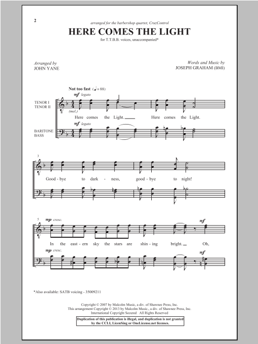 John Yane Here Comes The Light Sheet Music Notes & Chords for TTBB - Download or Print PDF