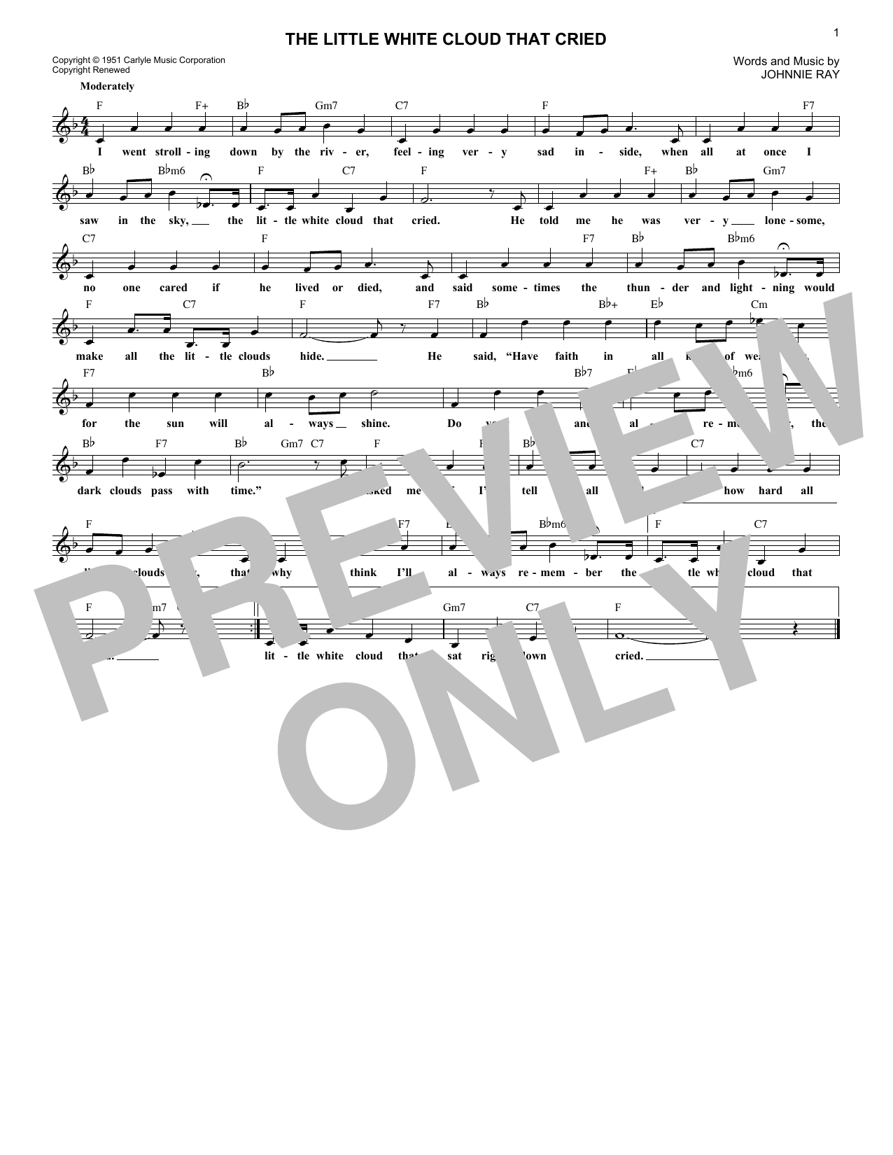 Johnnie Ray The Little White Cloud That Cried Sheet Music Notes & Chords for Melody Line, Lyrics & Chords - Download or Print PDF