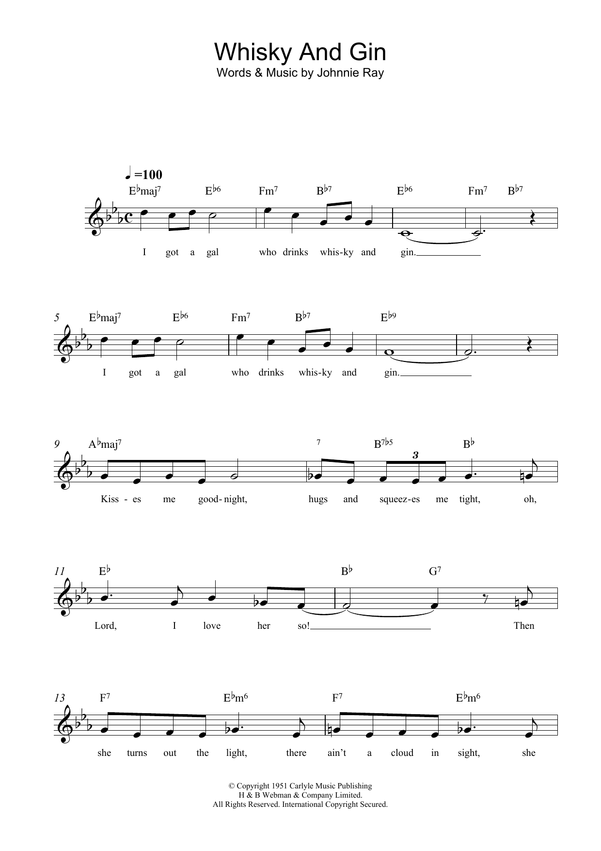 Johnnie Ray Whisky And Gin Sheet Music Notes & Chords for Melody Line, Lyrics & Chords - Download or Print PDF