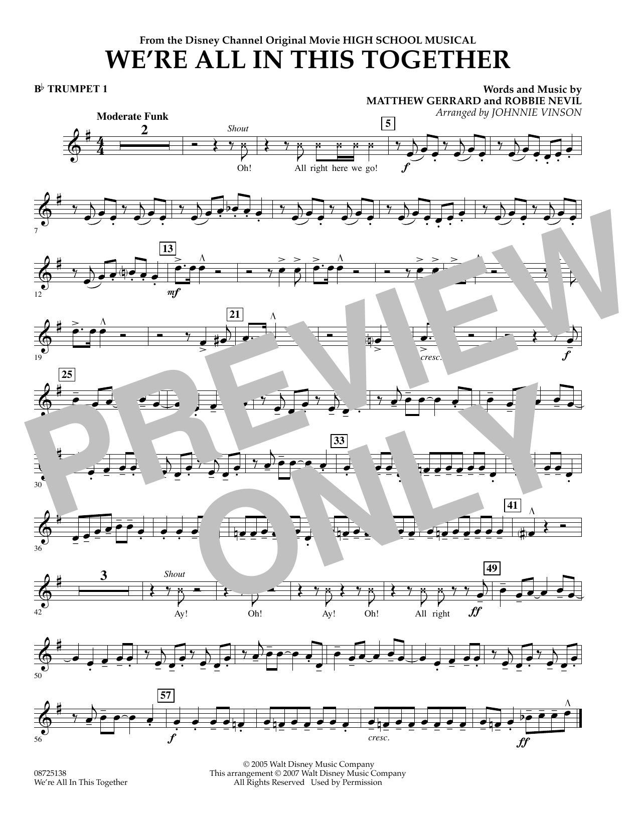 Johnnie Vinson We're All In This Together (from High School Musical) - Bb Trumpet 1 Sheet Music Notes & Chords for Concert Band - Download or Print PDF