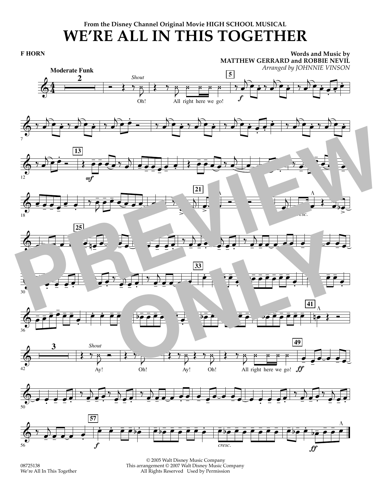 Johnnie Vinson We're All In This Together (from High School Musical) - F Horn Sheet Music Notes & Chords for Concert Band - Download or Print PDF