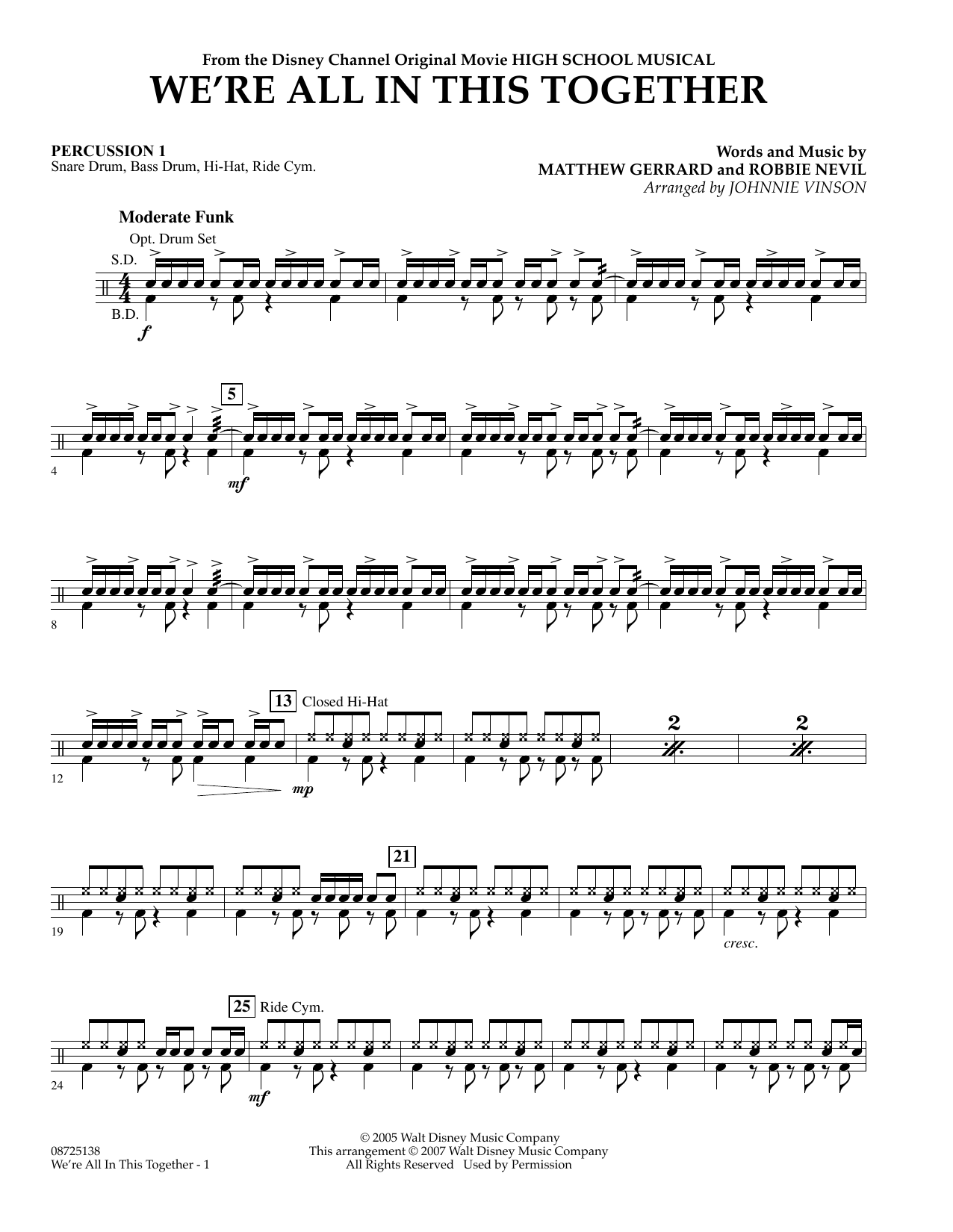 Johnnie Vinson We're All In This Together (from High School Musical) - Percussion 1 Sheet Music Notes & Chords for Concert Band - Download or Print PDF