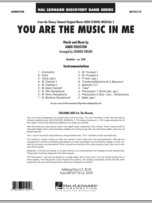 Johnnie Vinson You Are The Music In Me (from High School Musical 2) - Full Score Sheet Music Notes & Chords for Concert Band - Download or Print PDF