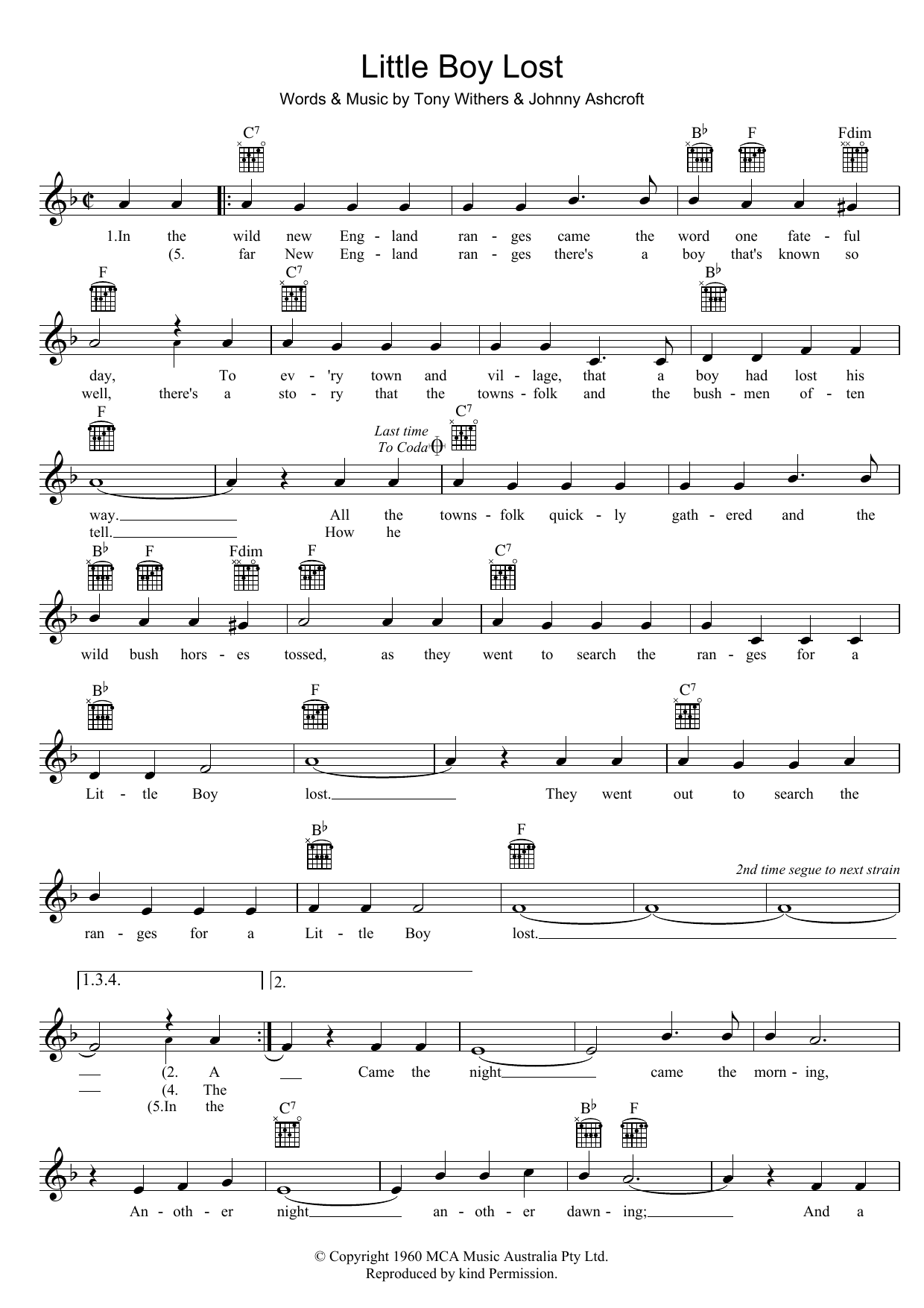 Johnny Ashcroft Little Boy Lost Sheet Music Notes & Chords for Melody Line, Lyrics & Chords - Download or Print PDF