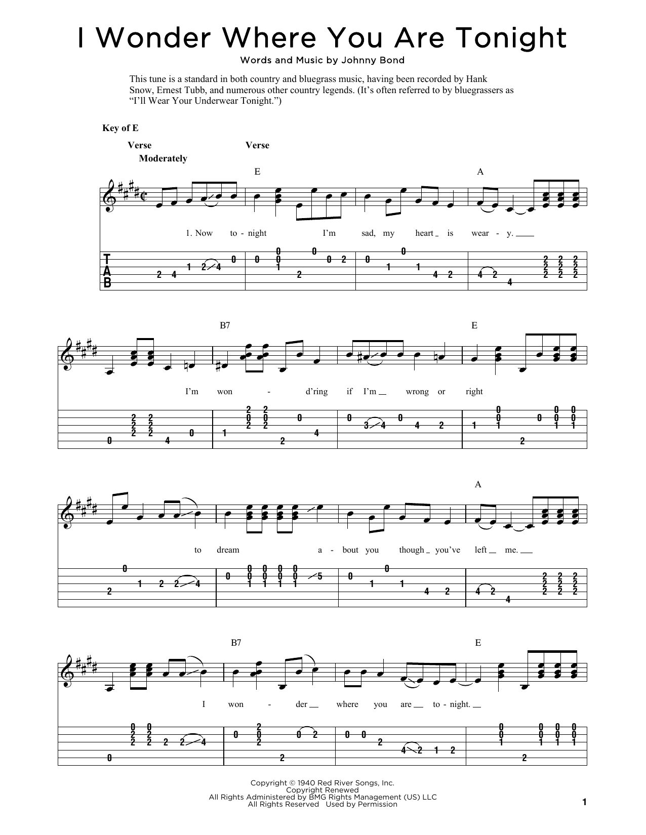 Johnny Bond I Wonder Where You Are Tonight (arr. Fred Sokolow) Sheet Music Notes & Chords for Solo Guitar Tab - Download or Print PDF
