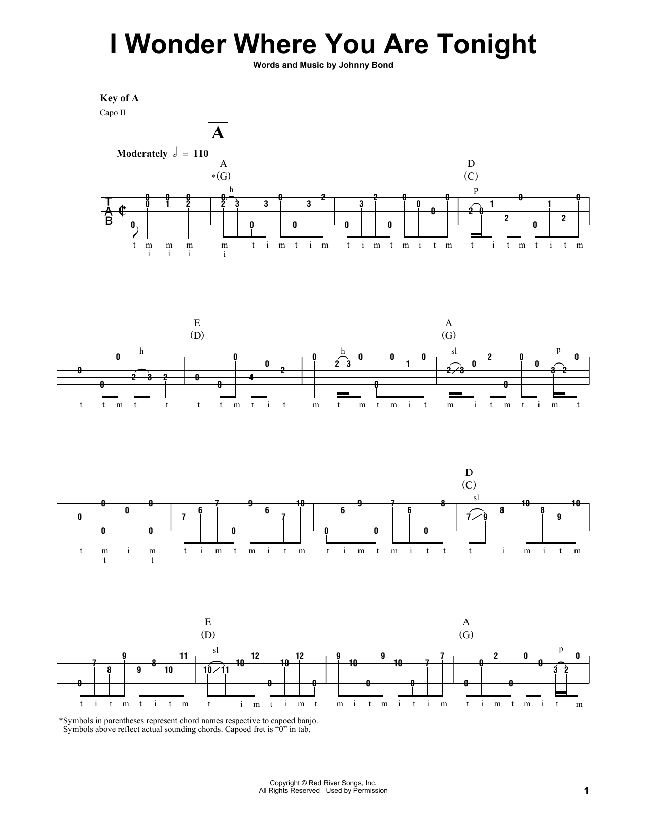 Johnny Bond I Wonder Where You Are Tonight Sheet Music Notes & Chords for Banjo Tab - Download or Print PDF