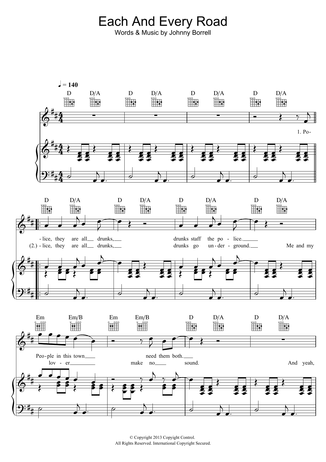 Johnny Borrell Each And Every Road Sheet Music Notes & Chords for Piano, Vocal & Guitar (Right-Hand Melody) - Download or Print PDF