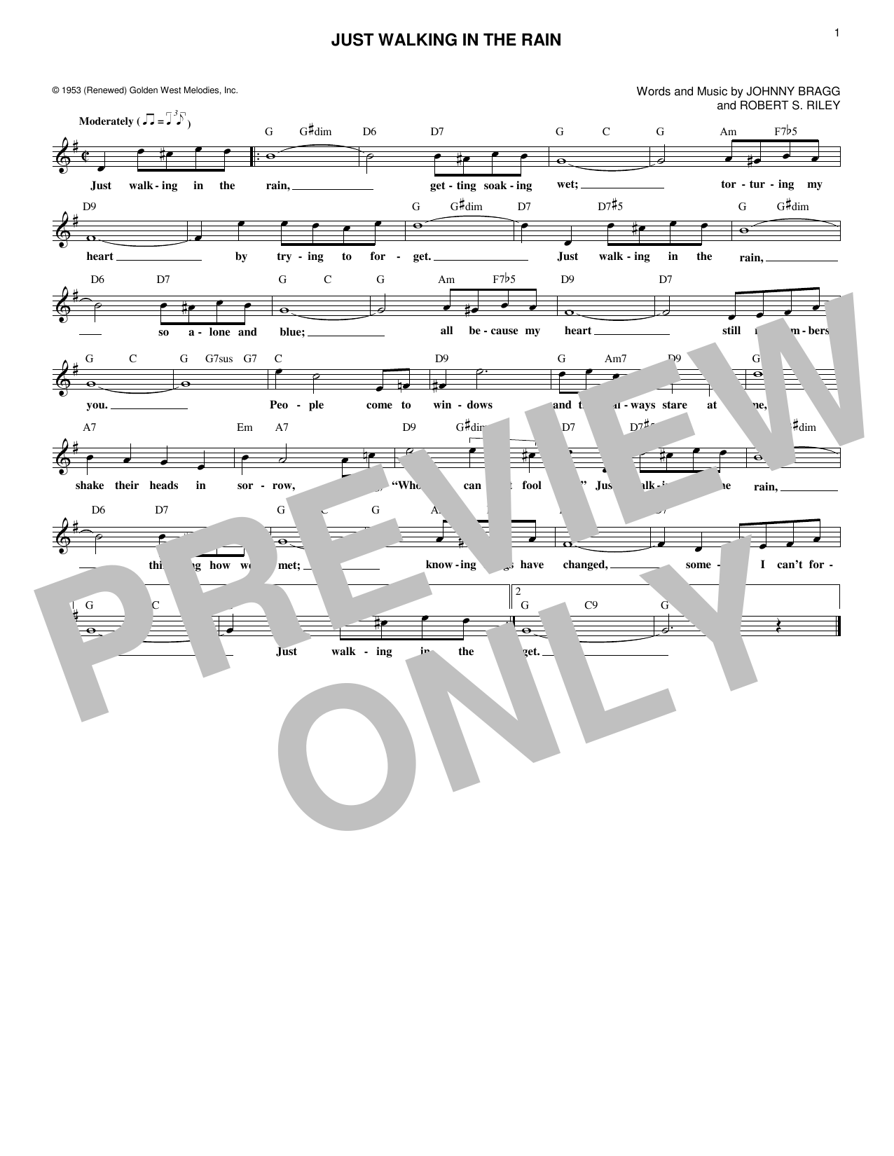 Johnny Bragg Just Walking In The Rain Sheet Music Notes & Chords for Melody Line, Lyrics & Chords - Download or Print PDF