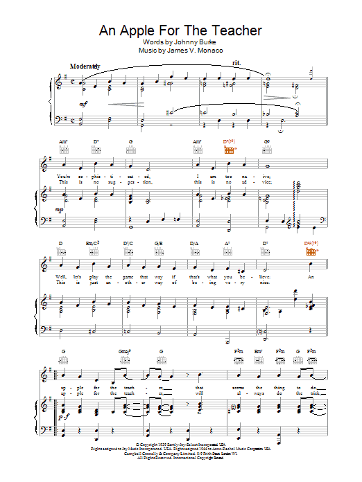 Johnny Burke An Apple For The Teacher Sheet Music Notes & Chords for Piano, Vocal & Guitar (Right-Hand Melody) - Download or Print PDF