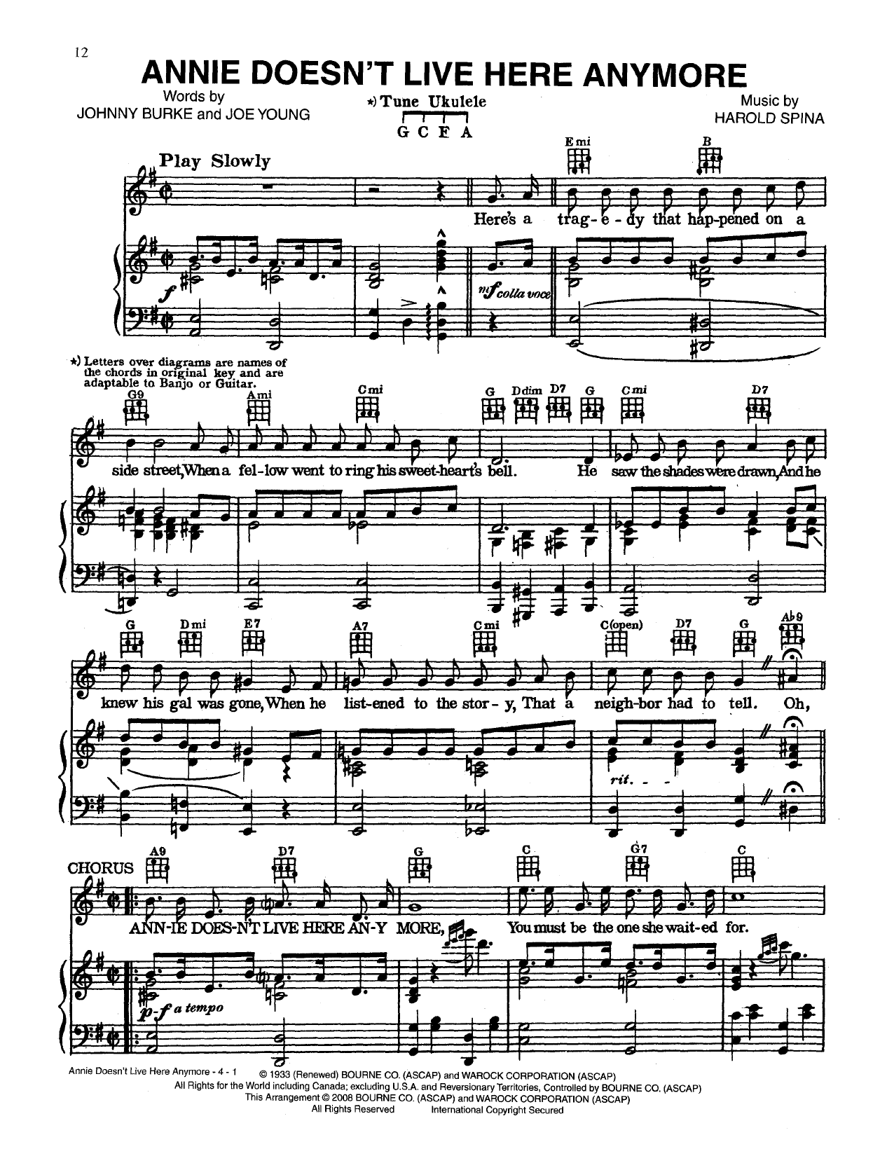 Johnny Burke Annie Doesn't Live Here Anymore Sheet Music Notes & Chords for Piano, Vocal & Guitar (Right-Hand Melody) - Download or Print PDF