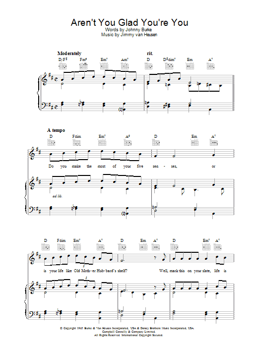 Johnny Burke Aren't You Glad You're You Sheet Music Notes & Chords for Piano, Vocal & Guitar (Right-Hand Melody) - Download or Print PDF