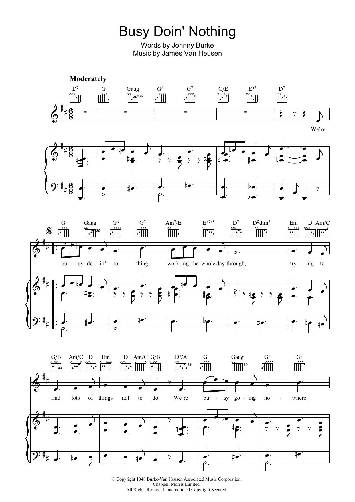 Johnny Burke Busy Doing Nothing Sheet Music Notes & Chords for Piano, Vocal & Guitar (Right-Hand Melody) - Download or Print PDF