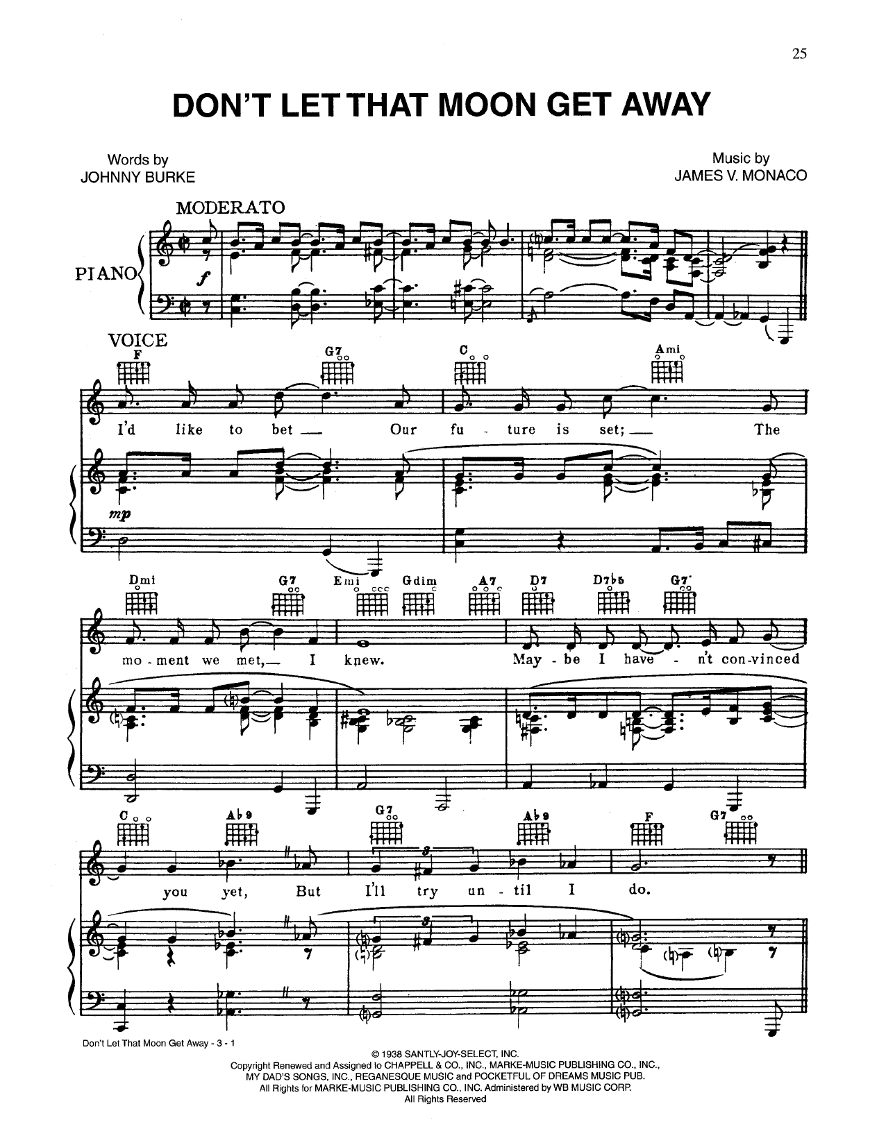Johnny Burke Don't Let That Moon Get Away Sheet Music Notes & Chords for Piano, Vocal & Guitar (Right-Hand Melody) - Download or Print PDF