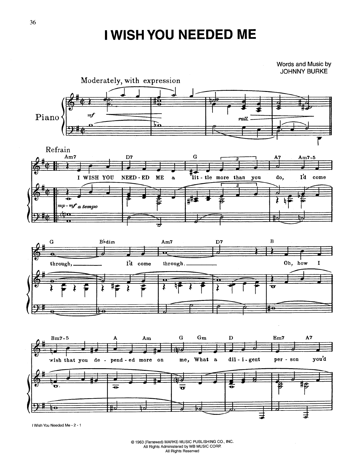 Johnny Burke I Wish You Needed Me Sheet Music Notes & Chords for Piano, Vocal & Guitar (Right-Hand Melody) - Download or Print PDF