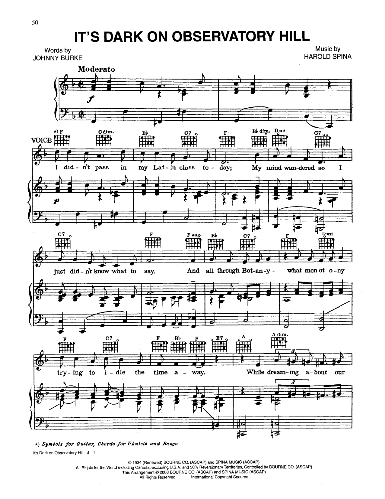 Johnny Burke It's Dark On Observatory Hill Sheet Music Notes & Chords for Piano, Vocal & Guitar (Right-Hand Melody) - Download or Print PDF