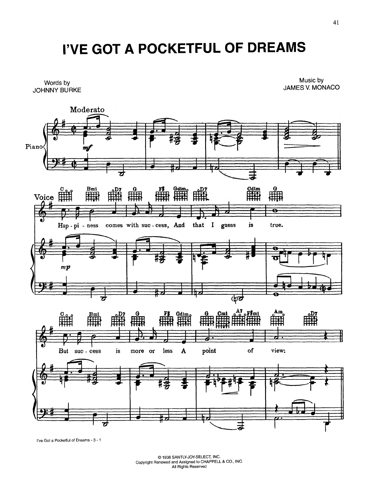 Johnny Burke I've Got A Pocketful Of Dreams Sheet Music Notes & Chords for Piano, Vocal & Guitar (Right-Hand Melody) - Download or Print PDF