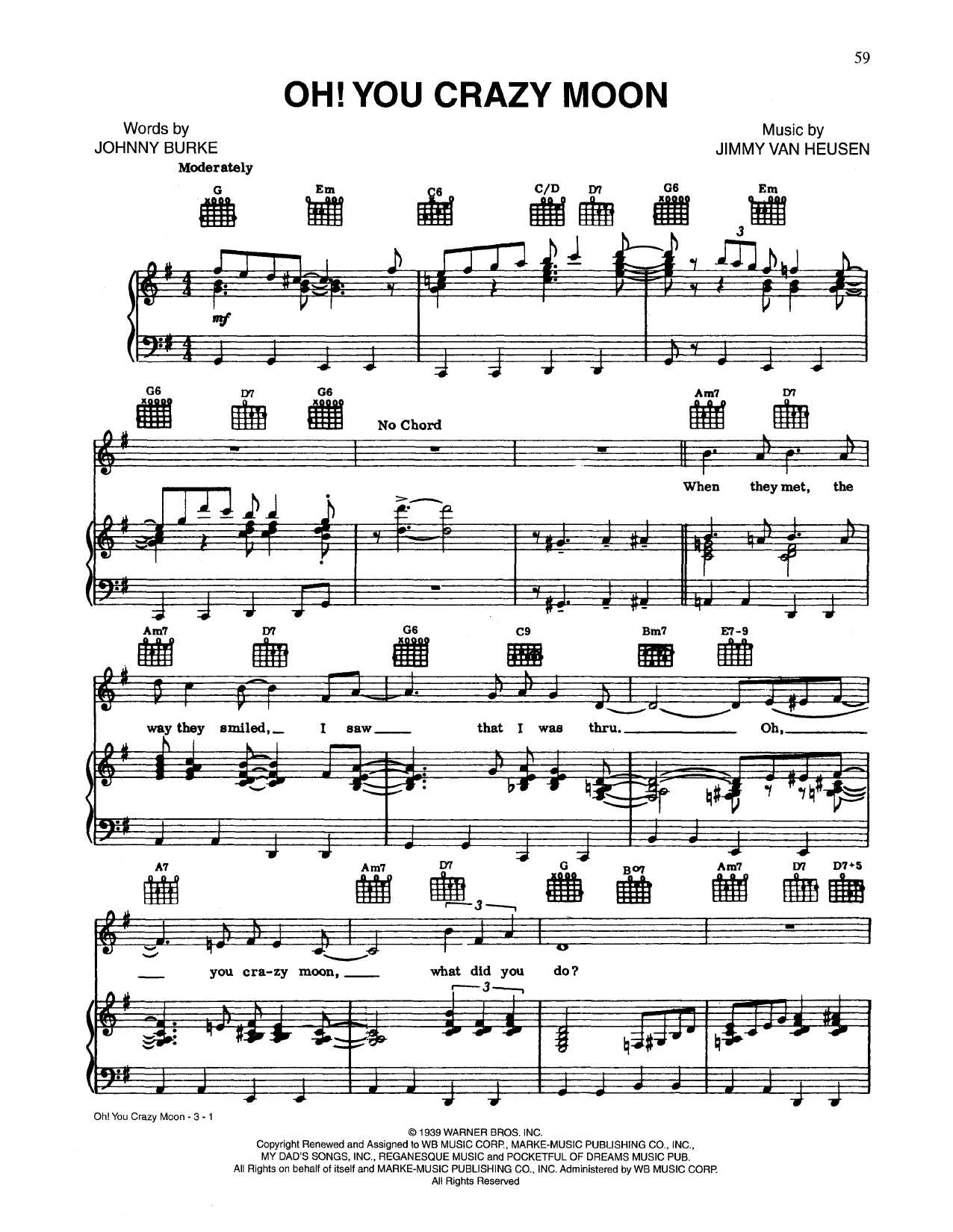 Johnny Burke Oh, You Crazy Moon Sheet Music Notes & Chords for Piano, Vocal & Guitar (Right-Hand Melody) - Download or Print PDF