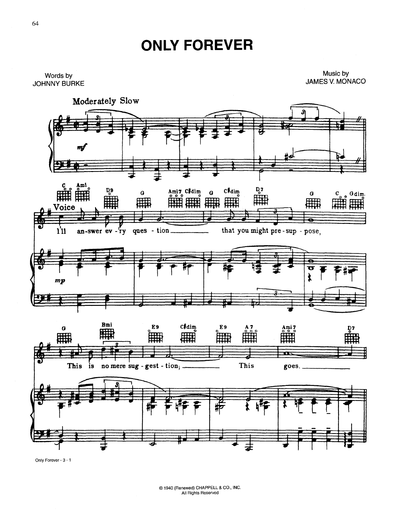 Johnny Burke Only Forever Sheet Music Notes & Chords for Piano, Vocal & Guitar (Right-Hand Melody) - Download or Print PDF