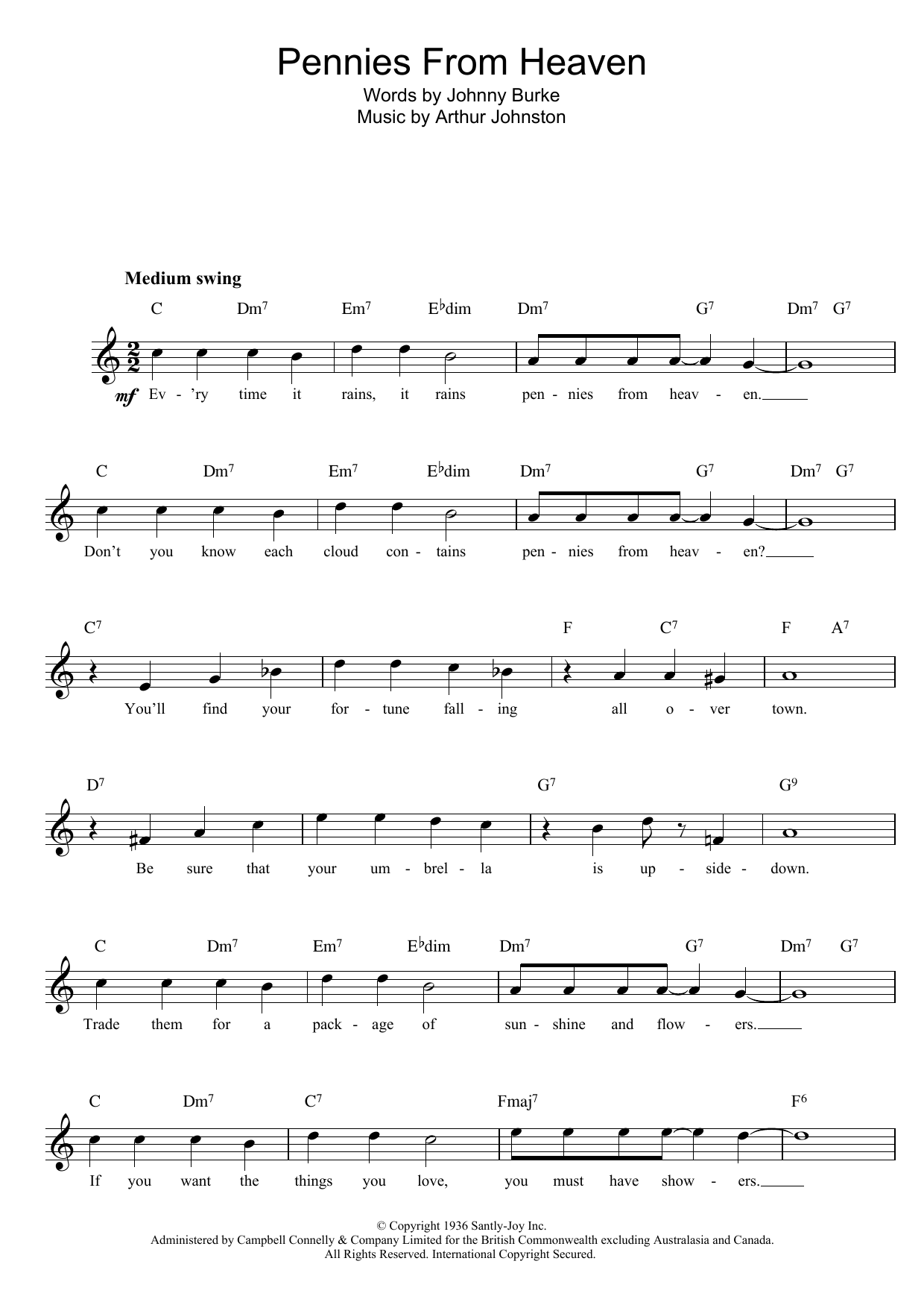 Johnny Burke and Arthur Johnston Pennies From Heaven Sheet Music Notes & Chords for Melody Line, Lyrics & Chords - Download or Print PDF
