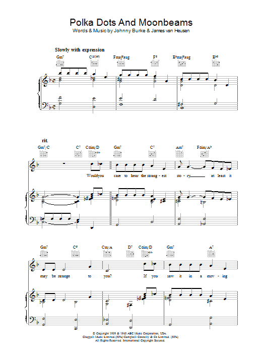 Johnny Burke Polka Dots And Moonbeams Sheet Music Notes & Chords for Piano, Vocal & Guitar (Right-Hand Melody) - Download or Print PDF
