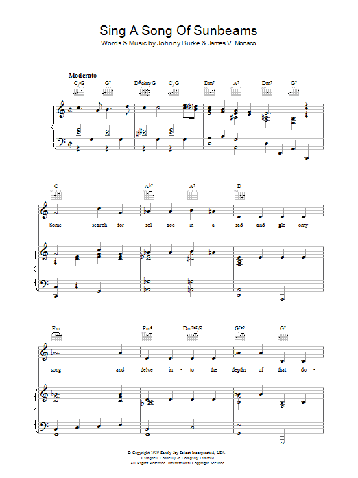 Johnny Burke Sing A Song Of Sunbeams Sheet Music Notes & Chords for Piano, Vocal & Guitar (Right-Hand Melody) - Download or Print PDF