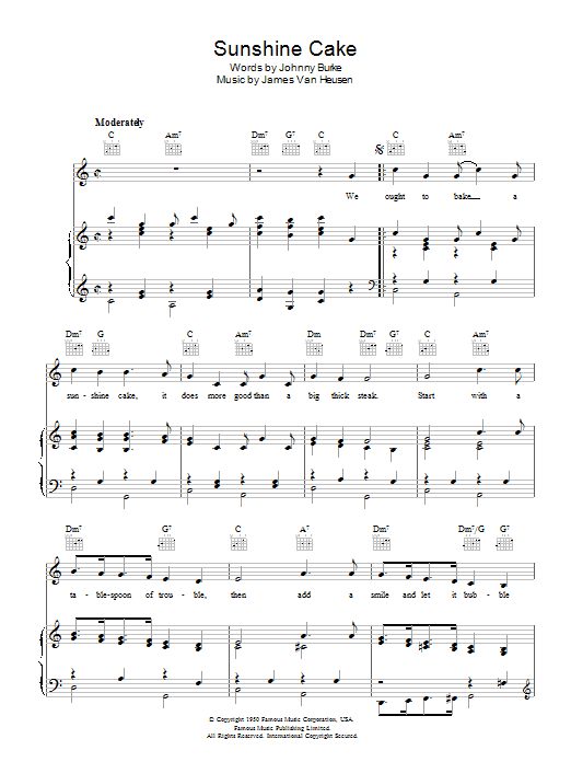 Johnny Burke Sunshine Cake Sheet Music Notes & Chords for Piano, Vocal & Guitar (Right-Hand Melody) - Download or Print PDF